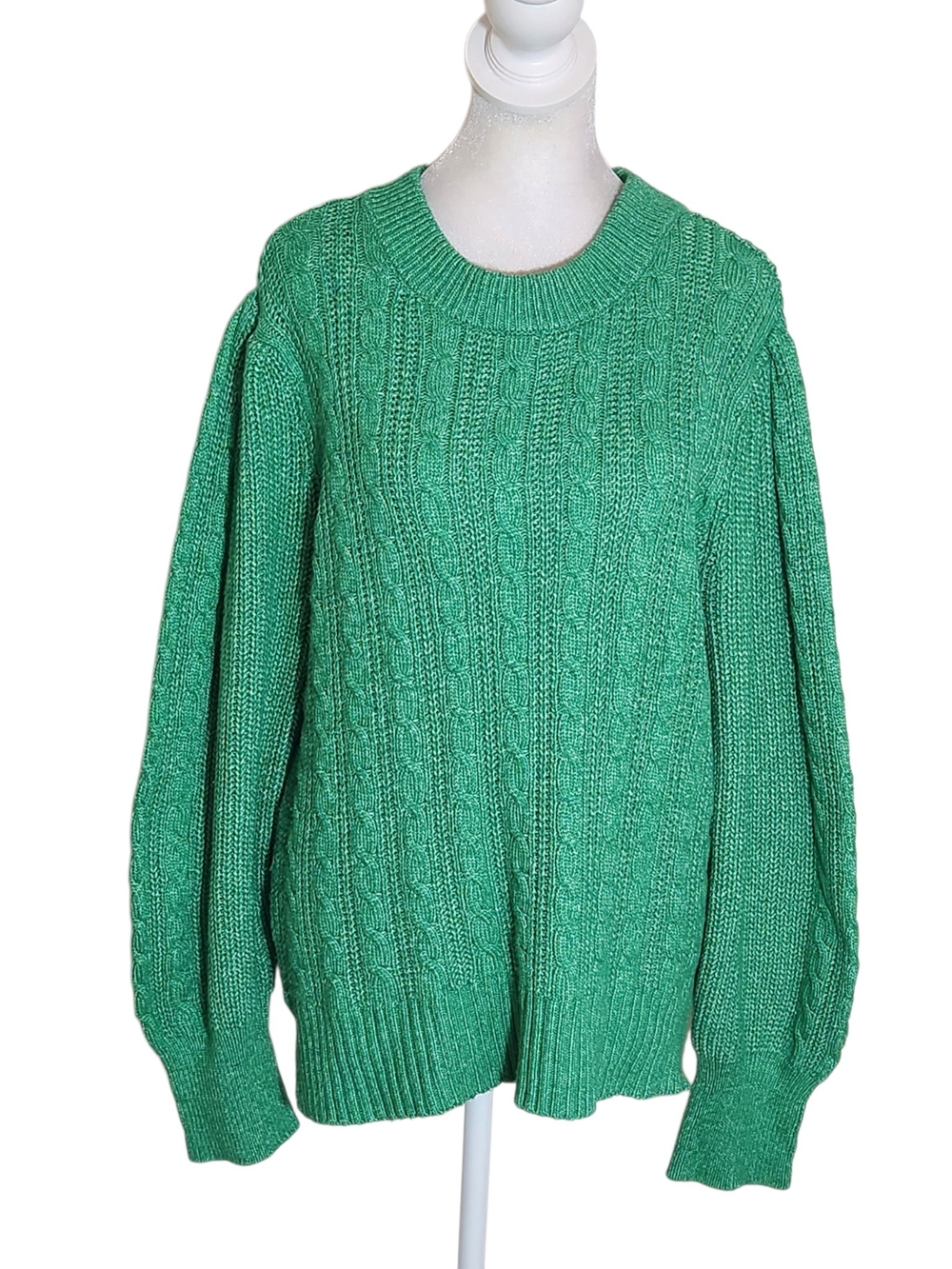 Crown and Ivy Green Relaxed Fit Cable Knit Puffy Sleeve Sweater Size Large